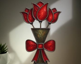 Rose Bouquet Stained Glass Pattern: DIY Red Suncatcher Best Gift Valentine’s Day Digital Download PDF & JPG