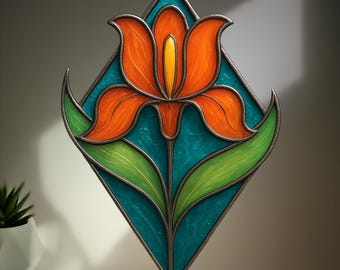 Diamond Flower Stained Glass Pattern: DIY Digital Download Orange Home Decor Floral Suncatcher