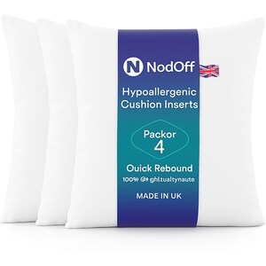 May include: Three white square cushion inserts with a blue and white label. The label reads "NodOff Hypoallergenic Cushion Inserts Pack of 4 Quick Rebound Made in UK". The UK flag is visible on the label.