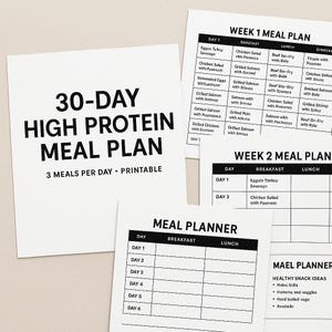 Puede incluir: Un plan de comidas imprimible en blanco con el texto "30-DAY HIGH PROTEIN MEAL PLAN" y "3 MEALS PER DAY PRINTABLE". El plan incluye secciones para el desayuno, el almuerzo y la cena, con un plan de comidas de la semana 1 y de la semana 2.