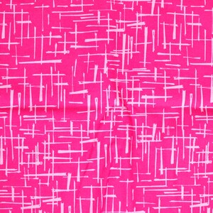 May include: Pink fabric with a white geometric pattern of criss-crossed lines.