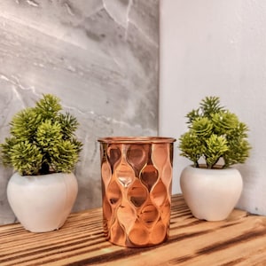 Handcrafted Diamond Hammered Copper Glass Mug – Ayurvedic Drinkware, 300ml, Eco-Friendly Reusable Mug