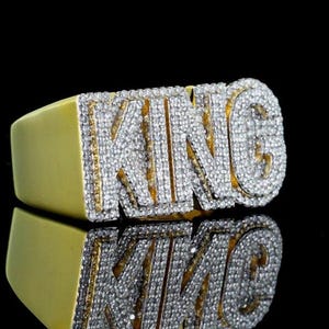 Custom Men’s King Ring, Iced Out VVS Moissanite Letters, 14k Gold Plated Hip Hop Statement Ring, Personalized 3D Block Letter Ring for Him