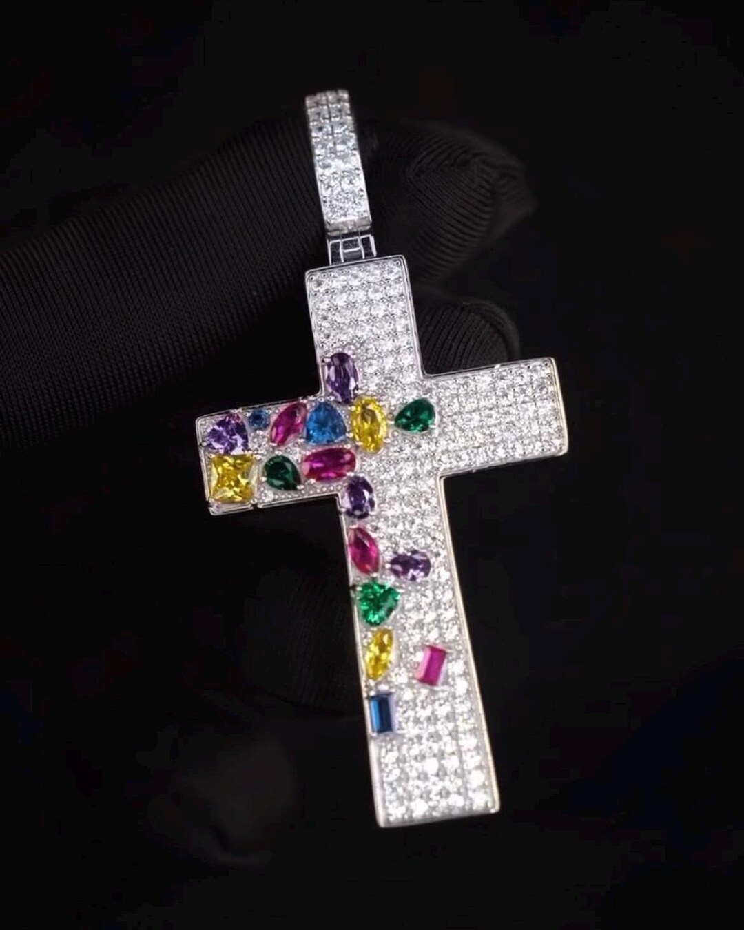 Iced Out Cross Pendant Necklace – Multicolor Gemstones, Hip Hop Rapper ...