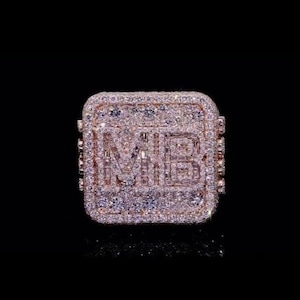 Anpassad initialring, 14K roséguld för män, VVS Moissanite Iced Square Ring, Personliga Hiphop-smycken, Stor Statement-ring