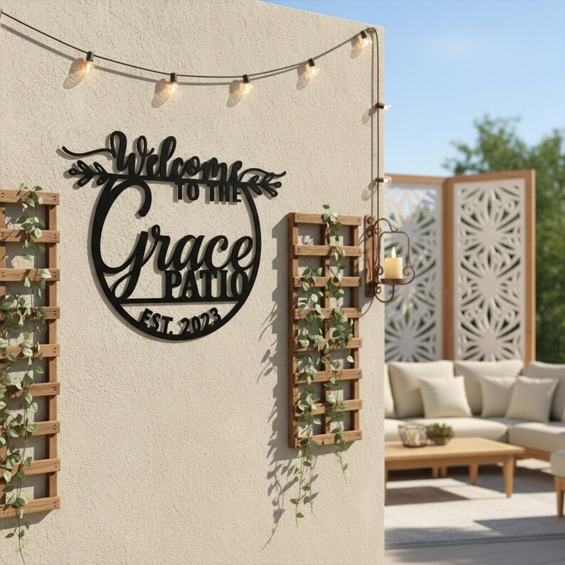 K&ouml;nnte beinhalten: Ein schwarzes Metallschild mit der Aufschrift "Welcome to the Grace Patio EST. 2023" ist an einer beigen Wand befestigt. Das Schild ist mit dekorativen Bl&auml;ttern verziert. Holzgitter mit Gr&uuml;n und Lichterketten sind ebenfalls zu sehen.