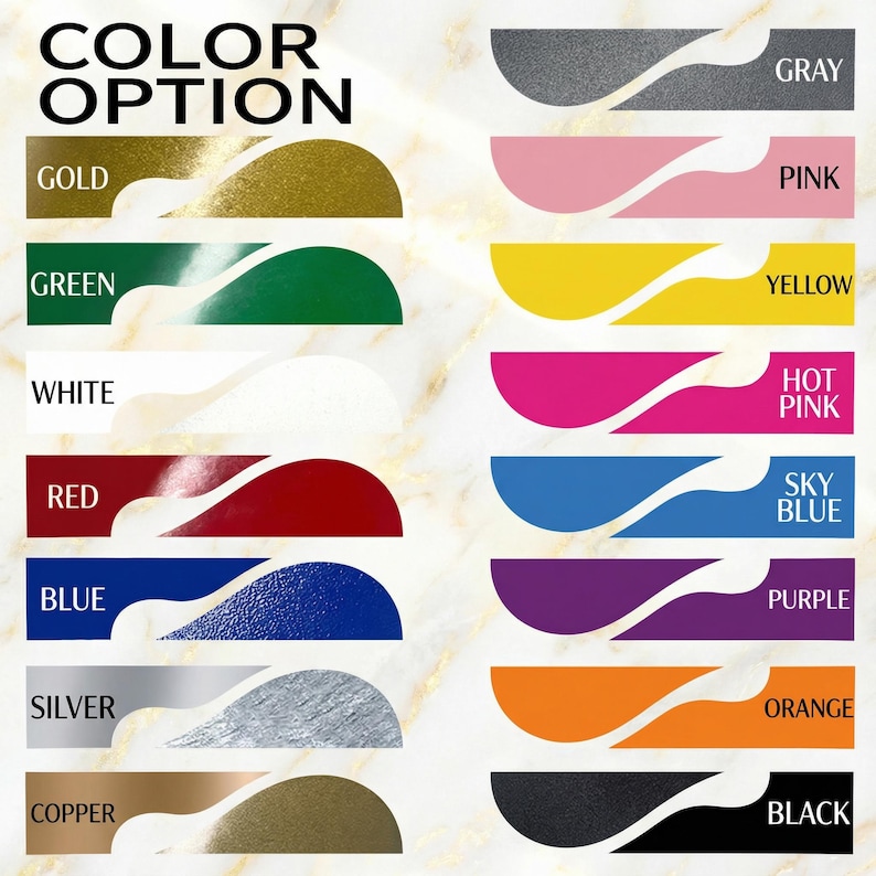 K&ouml;nnte beinhalten: Eine Farbkarte mit dem Text "COLOR OPTION" oben. Die Karte zeigt verschiedene Farbfelder, darunter Gold, Gr&uuml;n, Wei&szlig;, Rot, Blau, Silber, Kupfer, Grau, Rosa, Gelb, Pink, Himmelblau, Lila, Orange und Schwarz.
