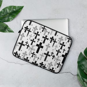 Black and White Crosses Laptop Sleeve, Faith-Inspired Tech Case, Stylish Christian Laptop Protector, Bible Study Accessory, Christian Gifts