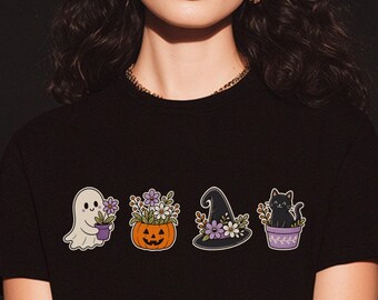 Floral Halloween Shirt, Ghost Pumpkin Witch Hat Black Cat Graphic Top
