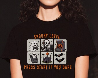 Retro Arcade Shirt, Halloween Gamer Tee, Press Start Shirt, Video Game Halloween Tee, Spooky Skeleton Gamer Gift