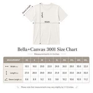 May include: A Bella+Canvas 3001 size chart for a short-sleeve t-shirt. The graphic displays a white t-shirt with dashed lines indicating length, width, and sleeve length. A table provides measurements in inches for sizes XS through 5XL.