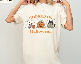 Halloween Crochet Shirt, Hooked on Halloween Ghost Tee, Black Cat & Pumpkin Yarn Lover Gift, Spooky Season Shirt