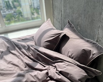 Gray Stonewashed Cotton Bedding Set with Duvet Cover, Minimalist Farmhouse Bed Linen, Natural Cotton Twin Queen King Bedding