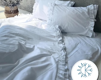 White Ruffle Bedding Set, Euro/Double Duvet Cover Set, Cotton Boiled Cotton,  Ruffled Pillowcases, Flat Sheet, Optional Fitted Sheet