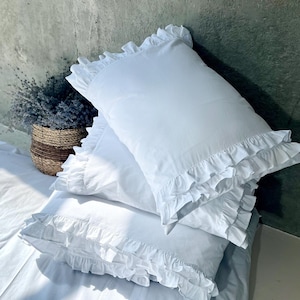 White Ruffle Bedding Set, Custom Size Options, Soft Cotton Bed Linen, Decorative Duvet Cover, Pillowcases with Ruffles, Elegant Bedroom