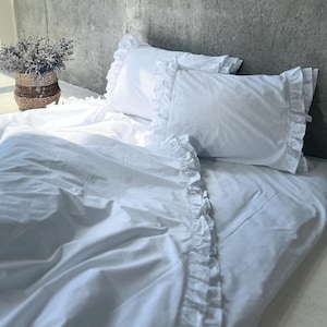 White Ruffle Bedding Set, Euro/Double Duvet Cover Set, Cotton Boiled Cotton,  Ruffled Pillowcases, Flat Sheet, Optional Fitted Sheet