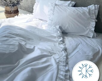 White Ruffled Duvet Cover Queen King, Cotton Boho Bedding Set With Ruffles, Cozy Wedding Bedding Gift For Couple
