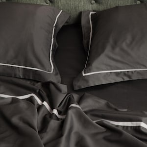 Gray Sateen Bedding Set with Fitted Sheet – Elegant Handmade Bed Linen, Soft Cotton Satin, Queen King Size, Gift for Couples, Cozy Bedroom
