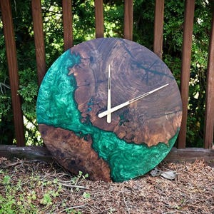 Handmade Wooden Resin Wall Clock | Green Epoxy | Silent Movement | Custom Personalized Wall Art by Woodenwhimsy
