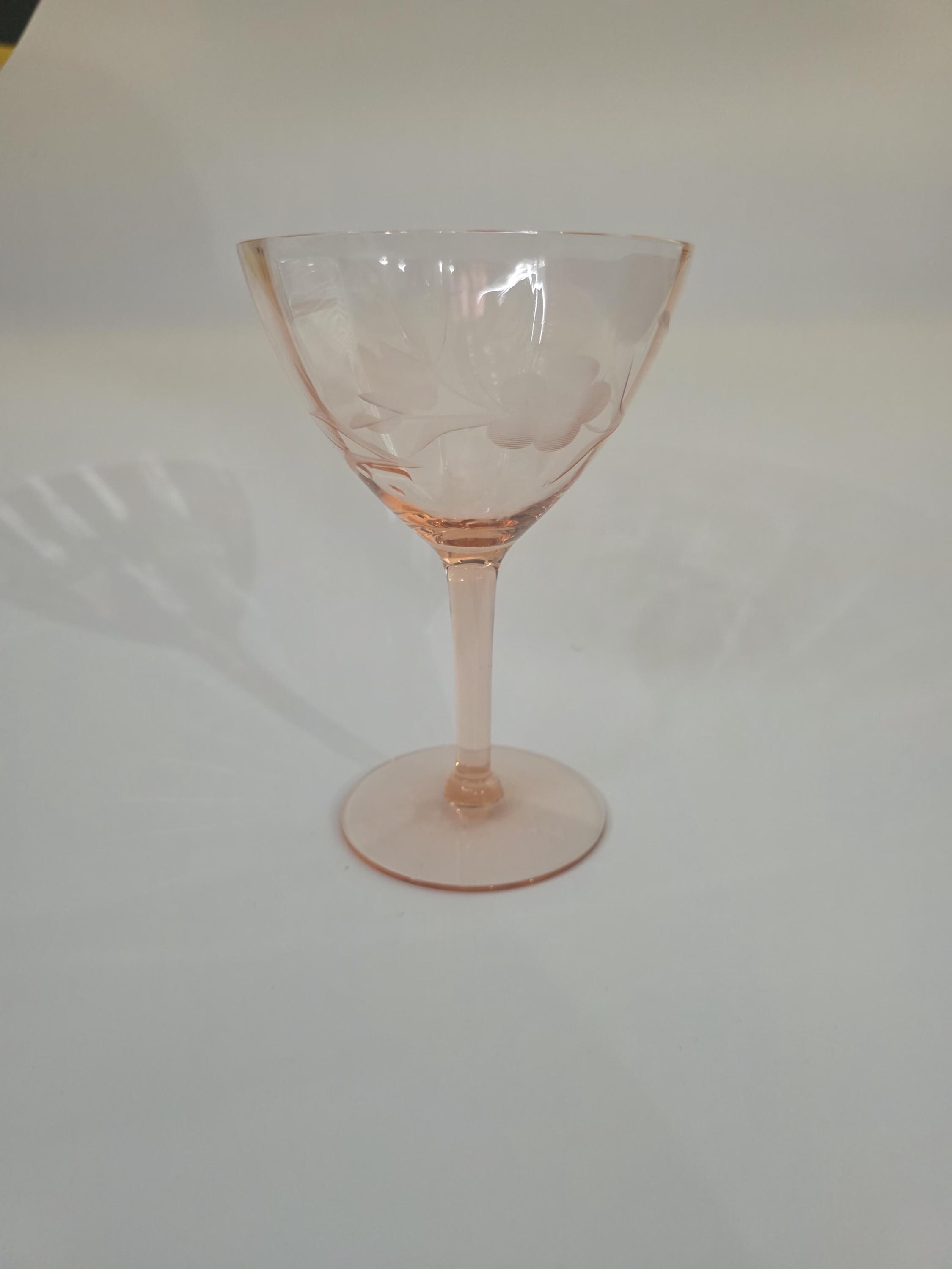 Depression Champagne Glass Etched Floral Pink