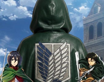 Attack on Titan Cosplay, Cloak   Green Cowhide Leather,Embroidered and printed Survey Corps Wings Cosplay ,Mikasa  Cosplay Fit, Levi Cosplay