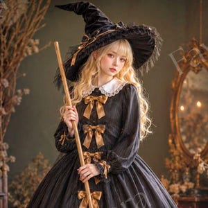 May include: A black long-sleeved dress with a white collar, gold ribbon bows, and a ruffled hem with white lace trim. The dress is paired with a matching black pointed witch hat featuring a wide brim and gold ribbon accents, and a wooden broom.