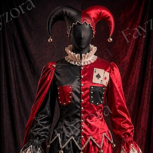 May include: A jester costume featuring a split black and red satin design with a matching two-pointed hat. The outfit includes a ruffled lace collar, lace-trimmed cuffs, and a chest patch displaying an ace of spades playing card graphic.
