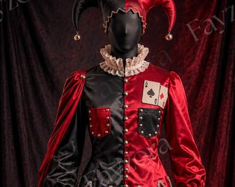 May include: A jester costume featuring a two-toned black and red satin jumpsuit with a ruffled lace collar and cuffs. The outfit includes a matching two-pointed jester hat with bells and a chest patch displaying an ace of spades playing card.