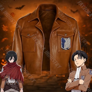 May include: A brown leather jacket featuring a pointed collar, two front chest pockets with button closures, and a blue and white wing emblem patch on the left chest. The jacket is displayed alongside two anime characters in uniform.
