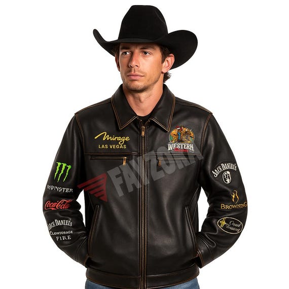 Embroidered Bull Riding Jacket: Black Cowhide Leather