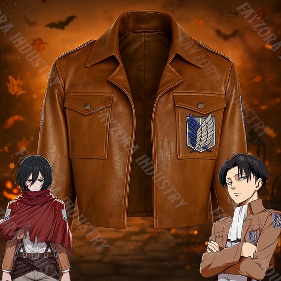 Attack on Titan Cosplay, Jacket  Brown Cowhide Leather,Embroidered Survey Corps Wings Cosplay Anime Jacket,Mikasa  Cosplay Fit, Levi Cosplay