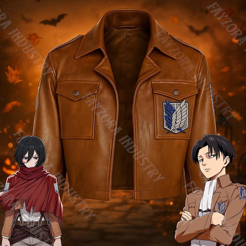 K&ouml;nnte beinhalten: Braune Lederjacke mit zwei Brusttaschen und einem Kragen. Verf&uuml;gt &uuml;ber einen Aufn&auml;her mit blauen und wei&szlig;en Fl&uuml;geln. Die Jacke ist von der Anime-Serie "Attack on Titan" inspiriert.