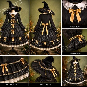 May include: A black long-sleeved dress featuring a white lace collar, gold ribbon bows down the front, and a tiered skirt with gold trim and lace edging. The outfit includes a matching black witch hat with gold ribbon accents and lace details.