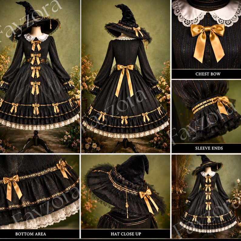 May include: A black long-sleeved dress featuring a white lace collar, gold ribbon bows down the front, and a tiered skirt with gold trim and lace edging. The outfit includes a matching black witch hat with gold ribbon accents and lace details.