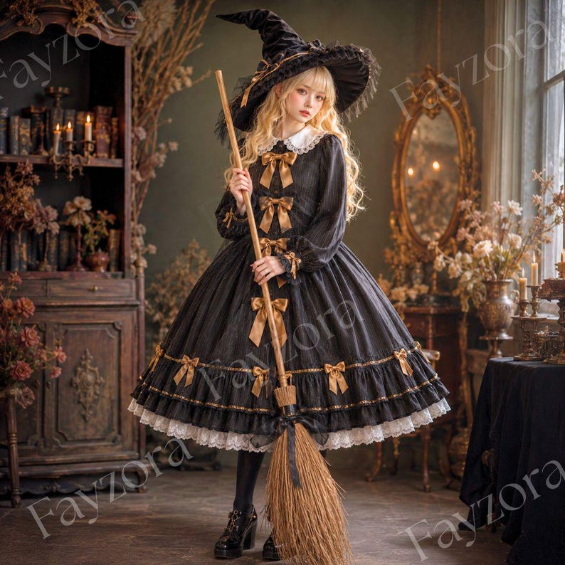 May include: A black long-sleeved dress with a white collar, gold ribbon bows, and a ruffled hem with white lace trim. The dress is paired with a matching black pointed witch hat featuring a wide brim and gold ribbon accents, and a wooden broom.