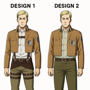K&ouml;nnte beinhalten: Zwei Illustrationen einer Figur in einer braunen Jacke, einem wei&szlig;en Hemd und khakifarbenen Hosen. Design 1 hat einen Gurt und Beingurte. Design 2 zeigt einen braunen G&uuml;rtel. Beide Designs haben einen Aufn&auml;her am linken &Auml;rmel und den Text "DESIGN 1" und "DESIGN 2".