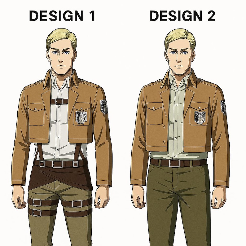 K&ouml;nnte beinhalten: Zwei Illustrationen einer Figur in einer braunen Jacke, einem wei&szlig;en Hemd und khakifarbenen Hosen. Design 1 hat einen Gurt und Beingurte. Design 2 zeigt einen braunen G&uuml;rtel. Beide Designs haben einen Aufn&auml;her am linken &Auml;rmel und den Text "DESIGN 1" und "DESIGN 2".