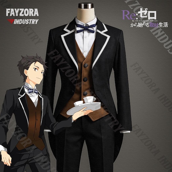 Anime Butler Costume Rezero - Black Suit With Brown Vest and Bow