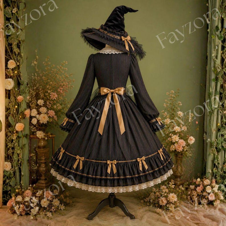 May include: A black long-sleeved dress with a subtle pinstripe pattern, featuring a white lace-trimmed collar, a gold ribbon bow at the waist, and a ruffled hem adorned with small gold bows, paired with a matching black wide-brimmed witch hat.