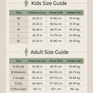 May include: A size guide chart featuring Kids Size Guide and Adult Size Guide sections. The table lists sizes XS through XL for kids and A through E for adults, including chest measurements in inches and centimeters, and weight in kilograms.