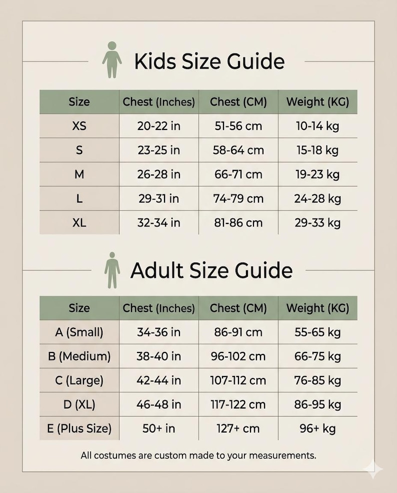 May include: A size guide chart featuring Kids Size Guide and Adult Size Guide sections. The table lists sizes XS through XL for kids and A through E for adults, including chest measurements in inches and centimeters, and weight in kilograms.