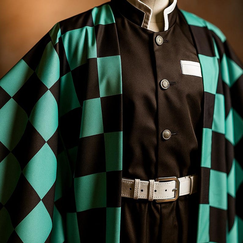 K&ouml;nnte beinhalten: Ein schwarz-t&uuml;rkis kariertes Haori- und Jacken-Set mit wei&szlig;em G&uuml;rtel. Die Jacke hat drei dekorative Kn&ouml;pfe und einen kleinen wei&szlig;en Aufn&auml;her. Das Haori hat ein auff&auml;lliges, geometrisches Muster. Das Outfit wird auf einer Schaufensterpuppe pr&auml;sentiert.