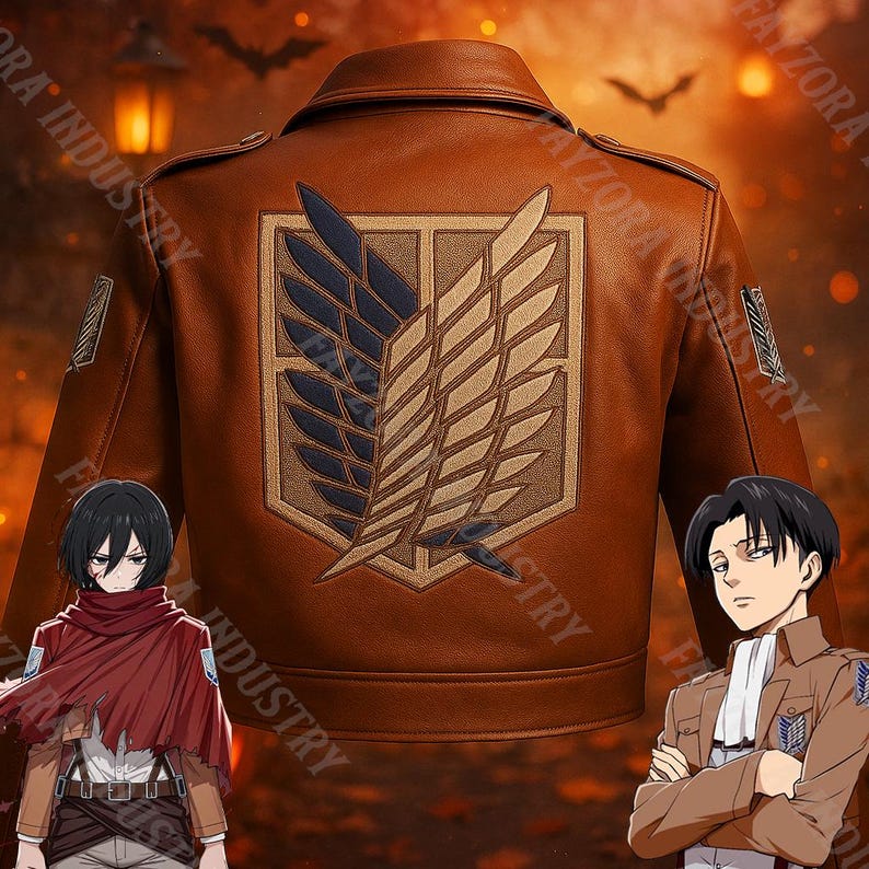 K&ouml;nnte beinhalten: Braune Lederjacke mit einem gro&szlig;en Emblem auf dem R&uuml;cken, das blaue und beige Fl&uuml;gel zeigt. Die Jacke hat einen klassischen Kragen und eine taillierte Passform. Das Emblem ist ein wichtiges Designelement, inspiriert von einer beliebten Anime-Serie.