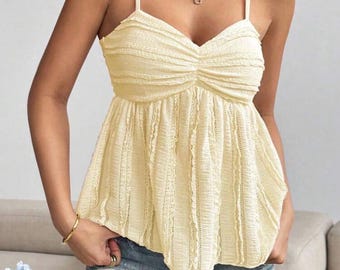 Women’s Summer Camisole, Pleated Contrast Lace Camisole, Solid Color Camisole, Womens Cami Top, Pleated Cami Top, Lace Camisole