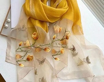 Floral Embroidered Silk Fashion Scarf, Womens Fashion Scarf, Boho Fashion Scarf, Lightweight Scarf, Floral Wrap Scarf, Flower Detail Scarf