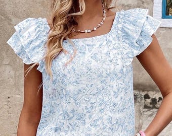 bow back blouse, ruffle cap sleeves, printed summer blouse, feminine floral blouse, tie back blouse, casual chic shirt, romantic blouse