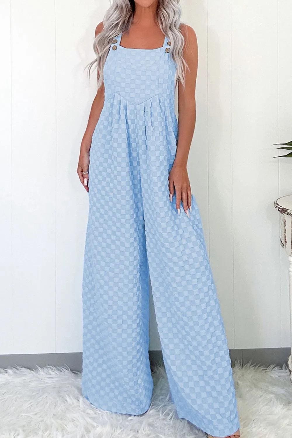 blue checkered jumpsuit with pockets, women’s jumpsuit, light blue jumpsuit, checkered jumpsuit, gingham jumpsuit, cottagecore outfit
