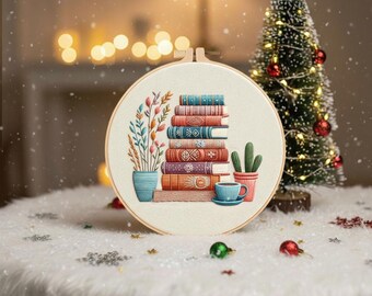 Kit per ricamo a forma di libreria con piante / Regalo fai da te per ricamo