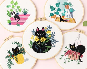 Kit de bordado de gato para terraza acristalada: bordado a mano para principiantes, decoración acogedora