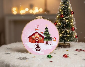Kit di ricamo natalizio per principianti: ricamo accogliente in un villaggio invernale